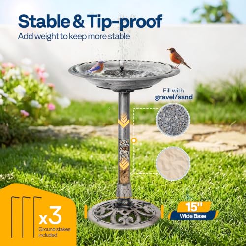 VIVOHOME Bird Bath with Solar Fountain for Outside, Pedestal, Gray | Solar-Powered Pump, Weather-Resistant Polyresin, 20-Inch Bowl, for Outdoor/Garden, Bird-Friendly, Easy to Clean - color: Gray