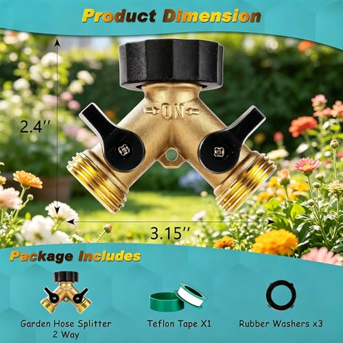 Brass Hose Splitter 2 Way, Heavy Duty Garden Hose Splitter with Shut Off Valves, Y Connector Hose Adapter, No Leak, Includes Washers & Teflon Tape – Dalmbox