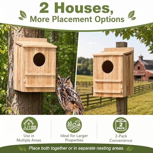Novabright 2 Pcs Large Great Horned Owl House, 16" x 12" x 11" carbonized Weatherproof Wooden Nesting House for Screech Owls, Boreal, Northern Pygmy, Saw-whets, Elf, Flammulated and Others
