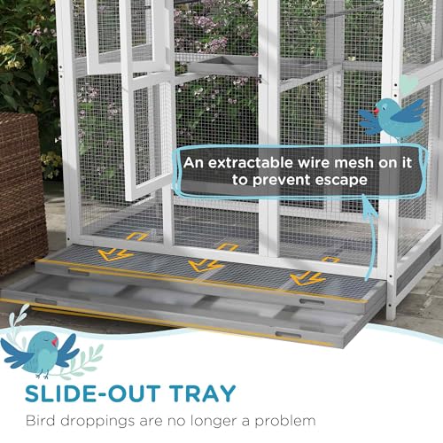 PawHut 64.5" Wooden Bird Cage Aviary, Flight Cage with 4 Perches, Nest and Slide-Out Tray for Indoor/Outdoor, Gray | 4 Perches, Nest, Slide-Out Tray
