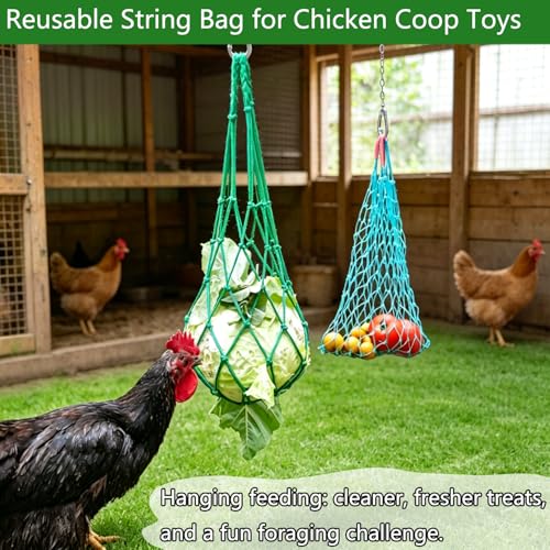 4Pcs Chicken Vegetable Hanging Feeder Bag with Hook and Chain | 2 Large and 2 Small Mesh, S hook and stainless chain, Reusable String Net. Coop Treat Toy for Poultry, Hens, Ducks, Goose