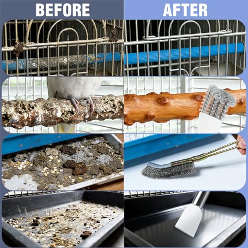 6PCS Bird Cage Cleaning Brush Kit Stainless Bird Cage Cleaner Tools Set Accessories for Small Medium,Large,Tall,Stainless Steel,Parakeet,Budgie,African Grey Parrot,Cockatoo Birds Cages Accessories