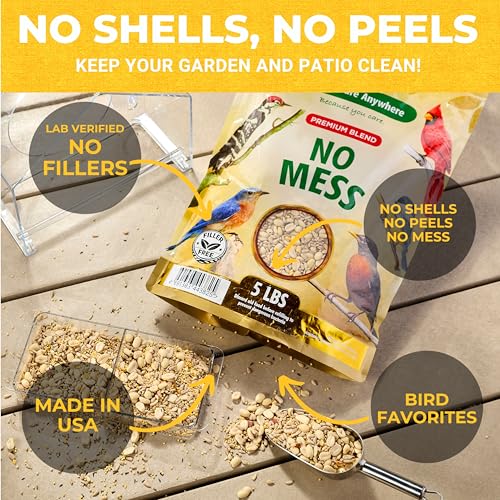 No Mess Wild Bird Seed for Outside Feeders, Sunflower Hearts Blend, 5 lb | no mess bird seed, shell free sunflower hearts for birds, kernel peanuts and hulled millet, no fillers, made in USA