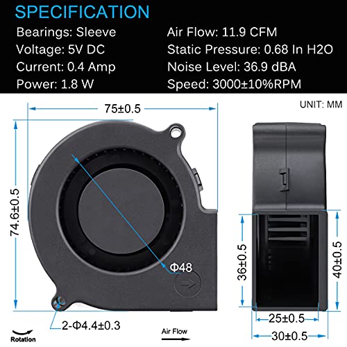 GDSTIME 75mm x 30mm 5V USB Blower Fan with 3 Speed Controller DC Brushless | 7530, Small Turbine Centrifugal Fans, for NAS, Helmet, Vivarium, Laptop, Amplifier, Raspberry Pi Cooling Ventilation - size: 75mm x 30mm