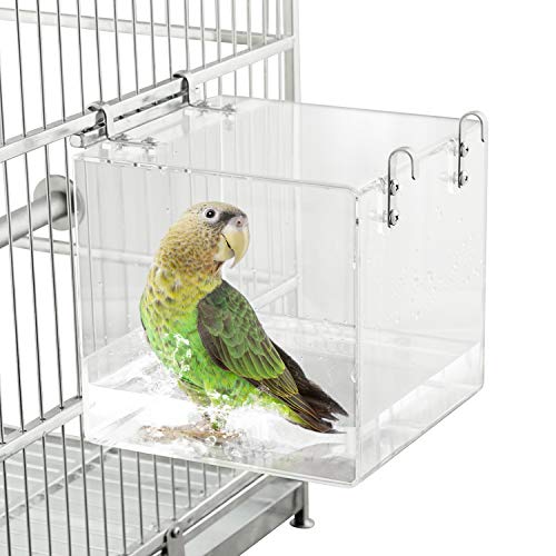 Bird Bath for Cage No-Leakage 6.4inch x 6.4inch Acrylic Clear Bird Bathtub Parrot Parakeets Shower Bird Feeder for Cage Bathtub Box for Small Bird Parrot with 4 Hooks - color: L-6.4INCHx6.4INCH