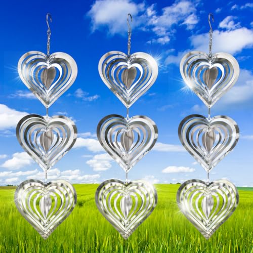 9 Pack Heart Shaped Mirror Reflective Hanging Wind Spinners, Stainless Steel 360° Swivel Decorative Discs, Weather Resistant Outdoor Ornaments for Yard, Patio, Balcony & Garden - color: Heart-shaped Silver White