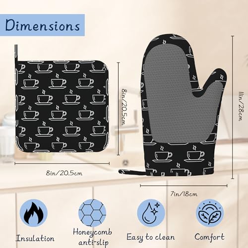 Tea Cups Oven Mitts and Pot Holders Sets,Extra Long Black Kitchen Mittens for Cooking,Thick Cotton Heat Resistant Silicone Cooking Utensils Set for Baking Cooking Grilling - color: Tea Cups