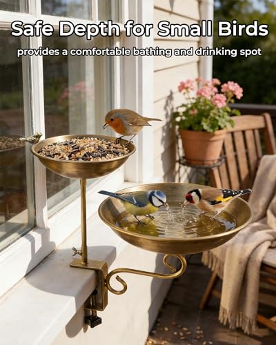 Dual Tier Deck Mounted Bird Bath with Feeder for Railing | Dual Levels for Backyard Bird Watching, Ideal for Cardinals, Finches & Sparrows, Adjustable Clamp Fits Decks, Easy Clean