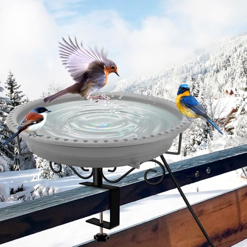 Lovppy Heated Bird Bath for Deck Railing, 100W Thermostatically Controlled Heated Bird Baths for Outdoors Bird Bath Heater, Heated Bird Bath for Outside Winter Garden Patio Yard(Gray) - color: Gray
