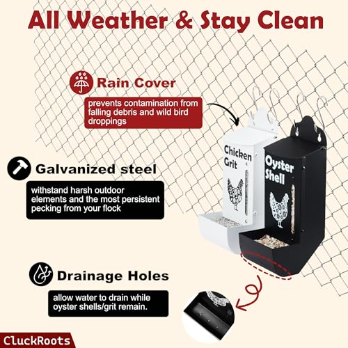 CluckRoots Chicken Grit and Oyster Shell Feeder Combo, No-Spill Metal | Lift-Off Heavy-Duty Dispenser w/ Rain Lid View Window, Small Flocks Capacity, Chicken Coop Accessories Gifts for Lovers - color: Combo-Black/White