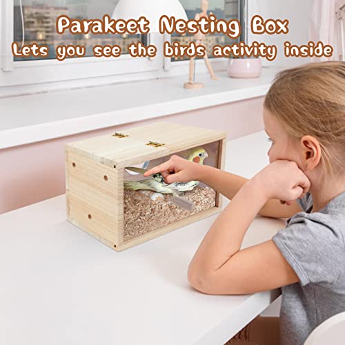 Parakeet Nesting Box,Transparent Cockatiel Nesting House(L) | Detachable Wooden Pine Bird Nest,Breeding box for Parrot, Lovebirds, Budgie, Conure, and Other Small Birds - size: L