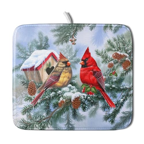 Winter Red Cardinal Bird Dish Drying Mat for Kitchen Counter,Holly Berry Branches Xmas Snowflake Cabin Drying Mat 16 x 18 Inch with High Absorbent Microfiber Drainer Mat for Coffee Bar - color: Red Bird, size: 16" x 18"