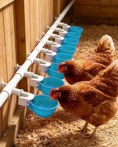Chicken Waterer Cups (8 Pack) with 3/8" Drill Bit - Light Blue | Automatic Poultry Drinker Feeder Kit for Chickens, Ducks, Turkeys, Quail, Bunnies | DIY Gravity Fed Bucket Water Dispenser - color: Light Blue, size: 8 Pack + Drill bit