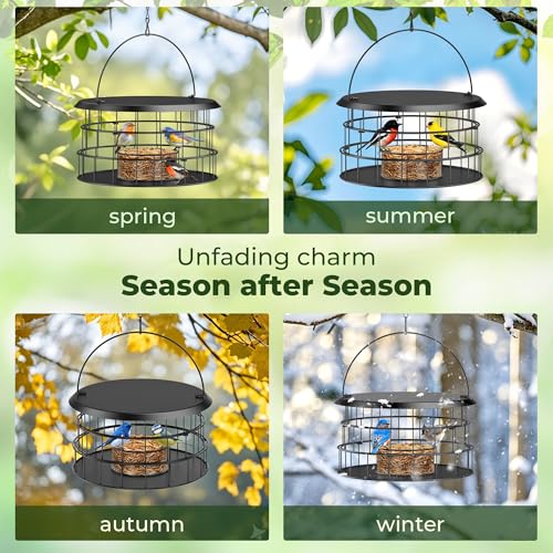 Hanging Bird Feeder, Metal Caged Squirrel Proof Bluebird Feeders Metal Mesh | All Metal, Cage Mealworm Bird Feeder with Tray, Squirrel Proof & Weatherproof, Easy to Refill & Clean
