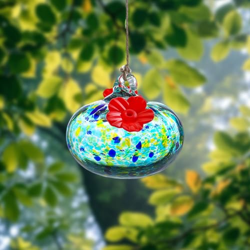 Glass Bird Feeder with Flower Decoration – Hanging Outdoor Bird Feeder for Garden, Patio,Backyard(Blue) - color: Blue