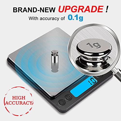 Digital Food Kitchen Scale Upgraded, YONCON 3000g/0.1g High Accuracy Mini Pocket Scale Measures in Grams and oz for Cooking, Baking, Jewelry, Tare Function,2 Trays, LCD Display (Batteries Included) - color: Black