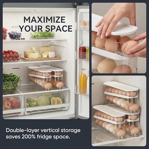 Auto-Rolling Egg Dispenser with Lid, Transparent, 1 Pack | Fridge Egg Organizer, Side-Door Slide Design, Stackable & Space-Saving, Easy Access, Holds 14–16 vs. Standard 12