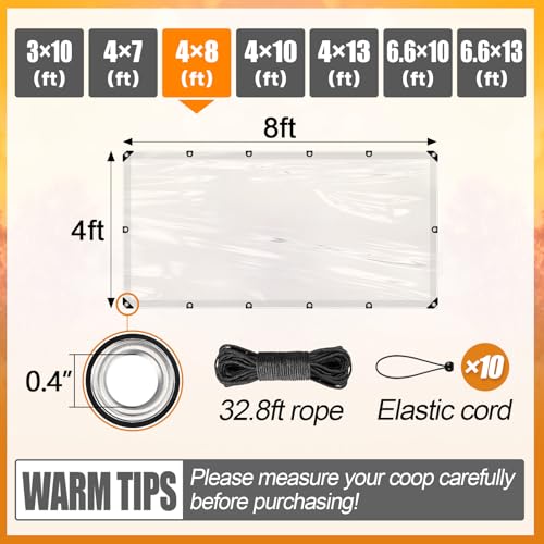 MEWTOGO 4x8ft Chicken Coop Covers Accessories for Winter | Easy to Install & Waterproof Chicken Run Tarp, with Elastic Cords & Rope - size: 4x8ft