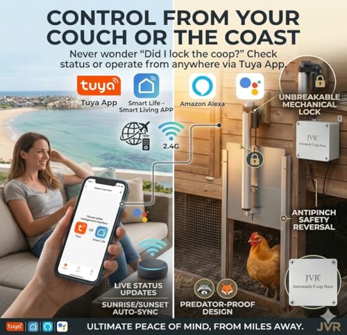 JVR WiFi Chicken Coop Door, App & Alexa Control, Sunrise/Sunset, Anti-Pinch | 2.4 GHz WiFi app control from anywhere; heavy-duty aluminum door with anti-pinch sensor and sunrise/sunset scheduling