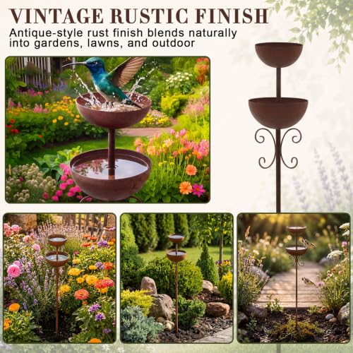 1 Pcs Vintage Metal Bird Bath Stakes for Garden, Decorative Outdoor Bird Bath Bowl Set, Rustic Rain Catcher Garden Art for Birds Butterflies Patio Lawn Flower Bed Decor (2-Tiered) - style: 2-tiered