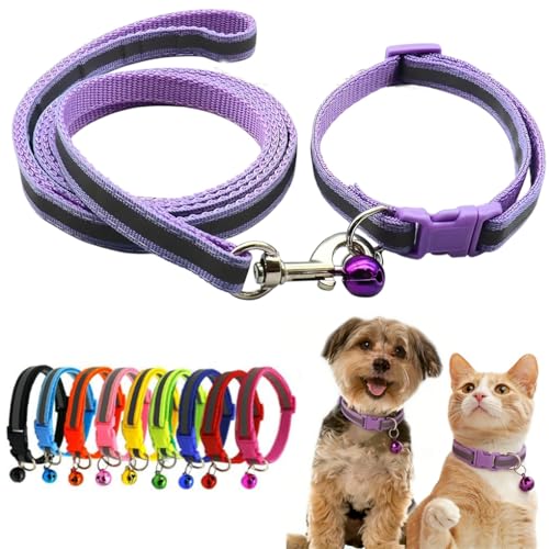 XXS Dog Collar with Leash Set, Puppy Collars with Bell Basic Nylon Reflective Cat Collars for XXS Xs Small Pet Animal Litter Tiny Kitten Girls,Purple - color: Purple