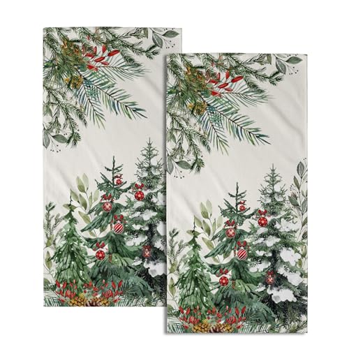 Christmas Tree Hand Towels Set of 2, 14x28 in Winter Forest Pine Cones Picks Bells Absorbent Quick Drying Kitchen Tea Towel Washcloths for Bathroom Hotel Holiday Seasonal Decor - color: Winter Xmas Tree