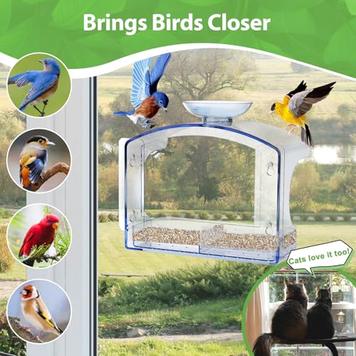 Clear Window Bird Feeder with Water Bowl | Self-adhesive hooks, brush for easy cleaning, ideal gifts for mom parents, clear design for close-up bird watching