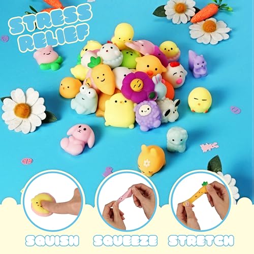Easter Mochi Squishy Toys 36pcs | Prefilled Eggs with Mini Squishy Toys | Easter Shapes | Basket Fillers, Party Favors, Fidget, Stress Relief, Classroom Prizes, Goodie Bags, Easter Egg Hunt