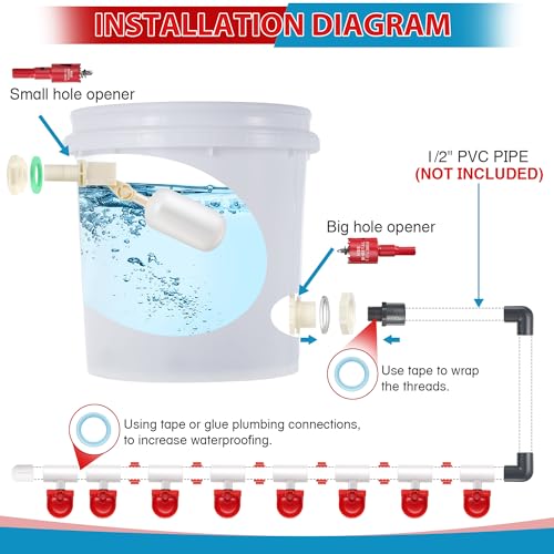 Dreyoo 8 Pack Automatic Chicken Waterer System Pipeline Complete Set | Including 1/2" PVC Tee Fittings, PVC Pipe, Chicken Water Cups, Float Valve Controlled Automatic Chicken Nipple Waterer Cups