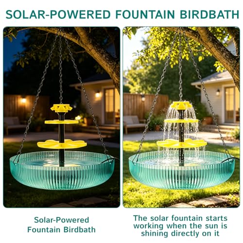 3-Tier Hanging Solar Bird Bath Fountain - Solar Powered Cascading Water Fountain with 16.4FT Extra Long Cord for Outdoor Garden Patio Yard Hummingbirds & Wild Birds Decoration