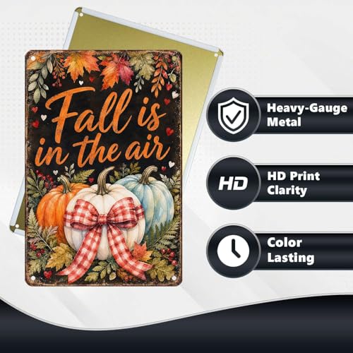 Fall Is In The Air Pumpkin Gingham Bow Tin Sign Rustic Autumn Wall Decor for Entryway Porch Kitchen Dining Room Living Room and Farmhouse Home Decor 12 * 8In - color: Vintage Thanksgiving Tin Sign 20, size: 20X30cm(12*8in)