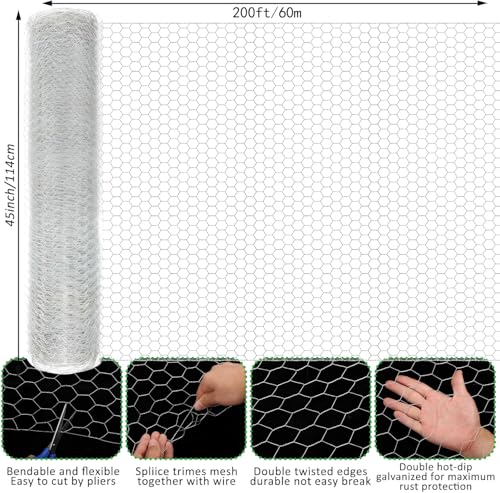 45 in X 200 ft Chicken Wire Fencing Metal Floral Chicken Wire Fence for Crafts 1 Inch Hexagonal Galvanized Poultry Wire Netting for Chicken Coop Barrier Rabbit Cage