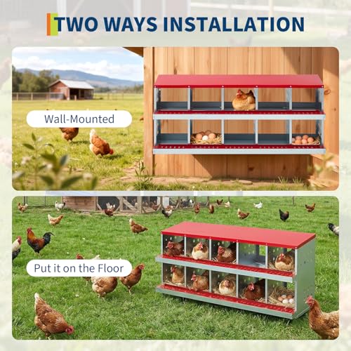 Chicken Nesting Box, 2-Tier 10 Compartments Metal Poultry Nest Box, Hen Laying Box, with Perch & Ventilation Holes, for Backyard Chicken Coops Home Poultry Raising - size: 63.0"L x 18.9"W x 28.0"H