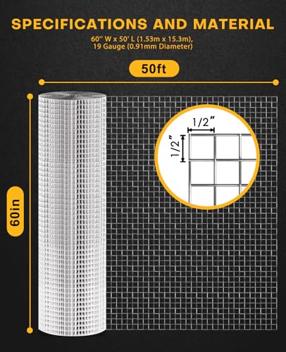 1/2 inch 60'' x 50' Hardware Cloth Square Openings - 19 Gauge | Hot-Dip Galvanized Wire Mesh, Welded Cage Wire Rolls Great for Animal Enclosure Chicken Coop Flower Beds Rabbits Wire Fencing - size: 1/2" 60" x 50'