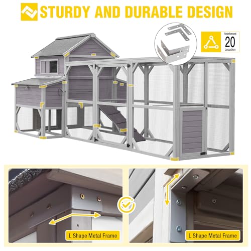 Aivituvin Extra Large Chicken Coop for 8-12 Chickens, Reinforced Outdoor Wooden Hen House with Run, 6 Nesting Boxes, Easy Clean Pull-Out Tray, Waterproof Asphalt Roof - Grey, 134.5"L x 33.5"W x 62.4"H - size: 134.5"L x 33.5"W x 62.4"H