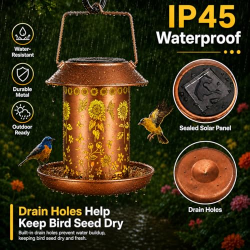 Sunflower Solar Bird Feeder Outdoor Waterproof Hanging Garden Decor | gift for women mom waterproof hanging solar lantern for yard patio christmas birthday daily decor - style: Sunflower + Butterfly