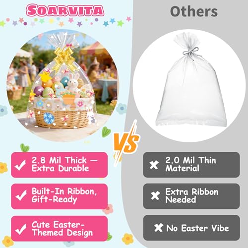 Soarvita 10PCS Large Easter Basket Bags with Bows: 20×28 Inch Clear Cellophane Wrap for Gift Baskets - 2.8 Mil Thick Easter Cellophane Bags for Oversized Toys Holiday Hampers and Gift Wrapping