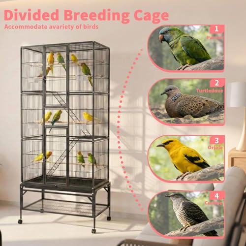 Wrought Iron Flight Cage Large Rolling Parrot Cage with Divided Breeding Function for Parrot Turtledove Oriole Cuckoo Budgie Parrotlet Comes with Slide Out Tray Lockable Door 4 Wooden Perches