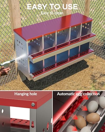 Chicken Nesting Box for Laying Eggs, 10-Compartment Galvanized Steel Nesting Boxes for Hens, Front Access Egg Tray, Easy Wall Mount Design, Includes 10 Training Eggs - color: Red