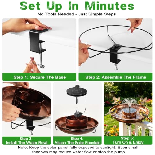 Deck Mounted Metal Bird Bath with Solar Fountain, Oval Clamp-On Bird Bath for Railing up to 3.9 Inch, Adjustable Balcony Birdbath for Patio Garden Yard Deck