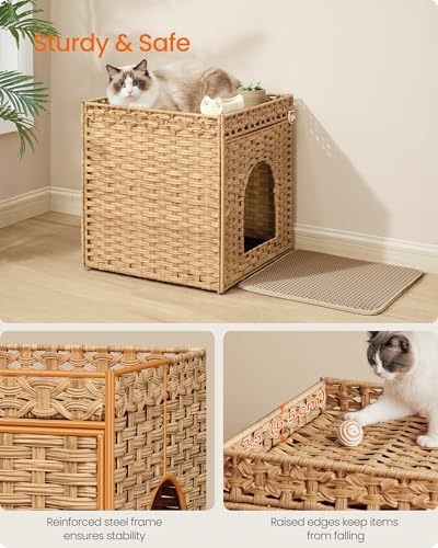 Feandrea Cat Litter Box Enclosure, Handwoven Rattan Hidden Furniture | Extra Mat, Removable Washable Tray, Boho Cat House, End Table, Goose Yellow UPCL024YE01 - color: Goose Yellow, size: S (20.7"L x 20.7"W x 22"H)