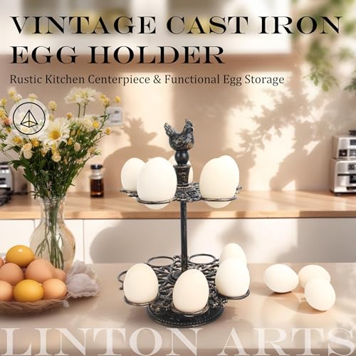 Cast Aluminum Fresh Egg Holder Countertop, Egg Holder Rack Tray for 12 Fresh Eggs, 2-Tier Egg Tray & Dispenser with Rooster Top Design, Egg Skelter for Kitchen (7.67" × 7.67" × 10.98")
