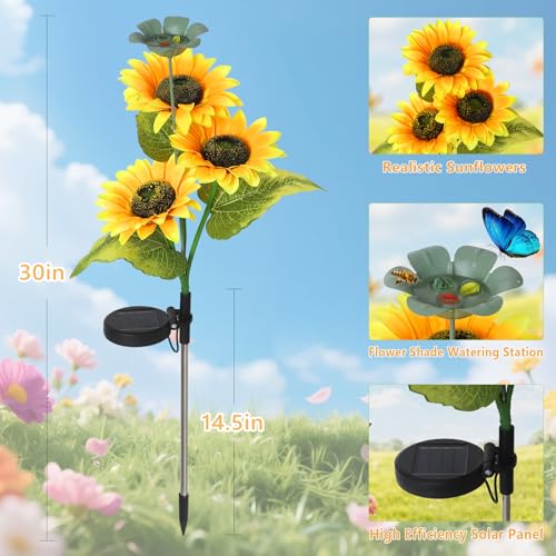 2 Pack Bee Watering Station, Butterfly Bird Water Feeder, 2-In-1 Flower Design Bee Bath Bowl with Glass Marble for Outdoor Decor & Sunflower Solar Lights Outdoor Waterproof, Flower Solar Garden Lights