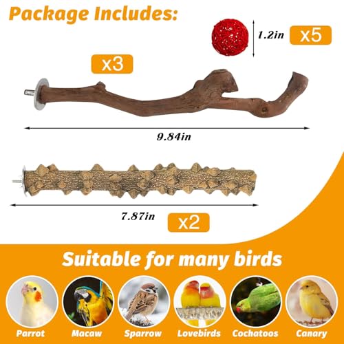 kathson 5pcs Natural Parrot Perch for Cage Wooden Bird Perches Grape Bird Stick Parakeet Climbing Standing Branches Toy Chewable Cage Accessories for Small Budgies Cockatiels Lovebirds Budgies