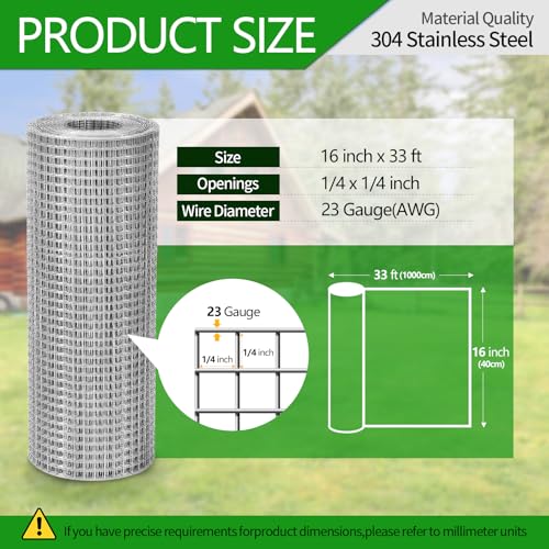 Hardware Cloth 1/4 inch 23 Gauge Small Size 304 Stainless Steel mesh Chicken Welded Wire Fencing Wire Mesh Roll Fencing Garden Fence Squirrel Tunnel Network 16in×33ft - size: (1/4in)16inx33ft