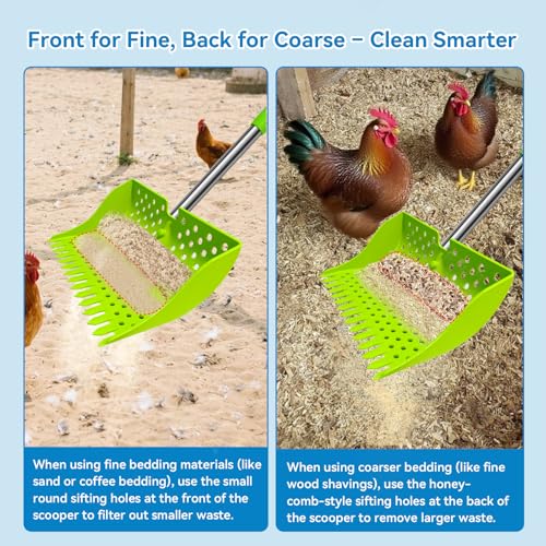 12" 2-in-1 Chicken Poop Scooper & Rake (US Patent No. D1124534), 3-Shape Sifting Holes Chicken Coop Rake, Stainless Steel Handle (20–61") - Litter Scoop Sand & Sifting Shovel (Green) - color: Green