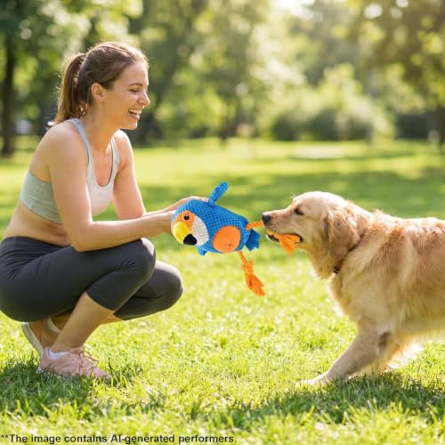 Blue Parrot Bird Dog Chew Toy, 11.0 in, Squeaker Rope Treat Toy | Pineapple Fleece, PP Cotton Filled, Nylon Reinforced Rope, Crinkle Paper, Bite Resistant, Interactive Play, Small Medium Dogs - color: Blue Parrot