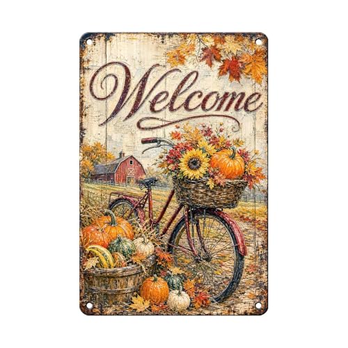 Thanksgiving Fall Bicycle Red Barn Tin Sign Sunflower Pumpkin Farmhouse Wall Decor for Kitchen Dining Room Living Room Porch Entryway and Farmhouse Home Decor 12 * 8In - color: Vintage Thanksgiving Tin Sign 2, size: 20X30cm(12*8in)