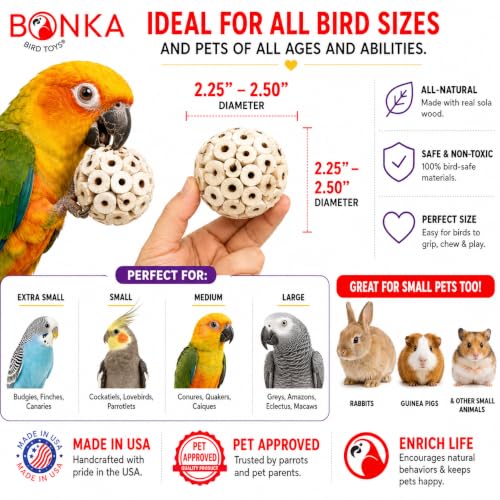Bonka 1214 Pk3 2.25" Sola Atta Balls Bird Foot Chew Toy Small Medium | Soft lightweight natural pith encourages shredding, chewing, tossing, and foot play - color: Pk3 Sola Atta Balls