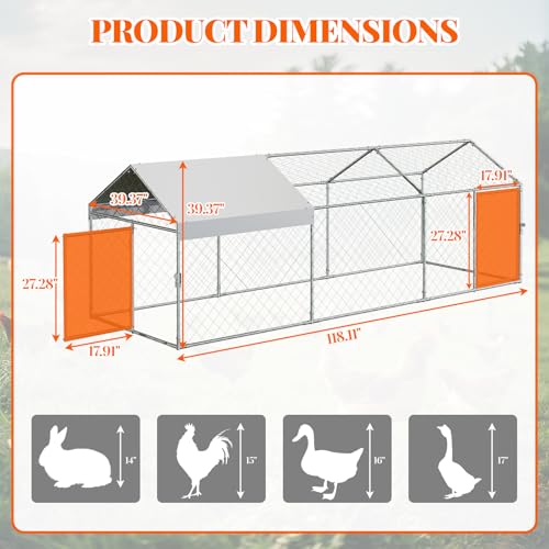 Large Metal Chicken Coop,120" Wx40 Lx40 H Heavy Duty Walkin Chicken Run with Waterproof and Anti-Uv Cover, Chicken Pens Outdoor with Top for Ducks,Peaked Roof Walk-in Poultry Cage for Yard,Farm - size: 10'W x 3.33'L x 3.33'H